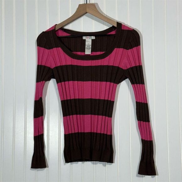 POUT Women’s Large Brown Hot Pink Stripe Ribbed Sweater Top Y2K Emo Goth Scene - Picture 1 of 7
